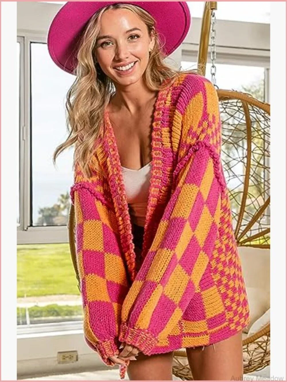 Open Front Chunky Knit Cardigan Sweater Long Sleeve Plaid - Picture 5 of 7
